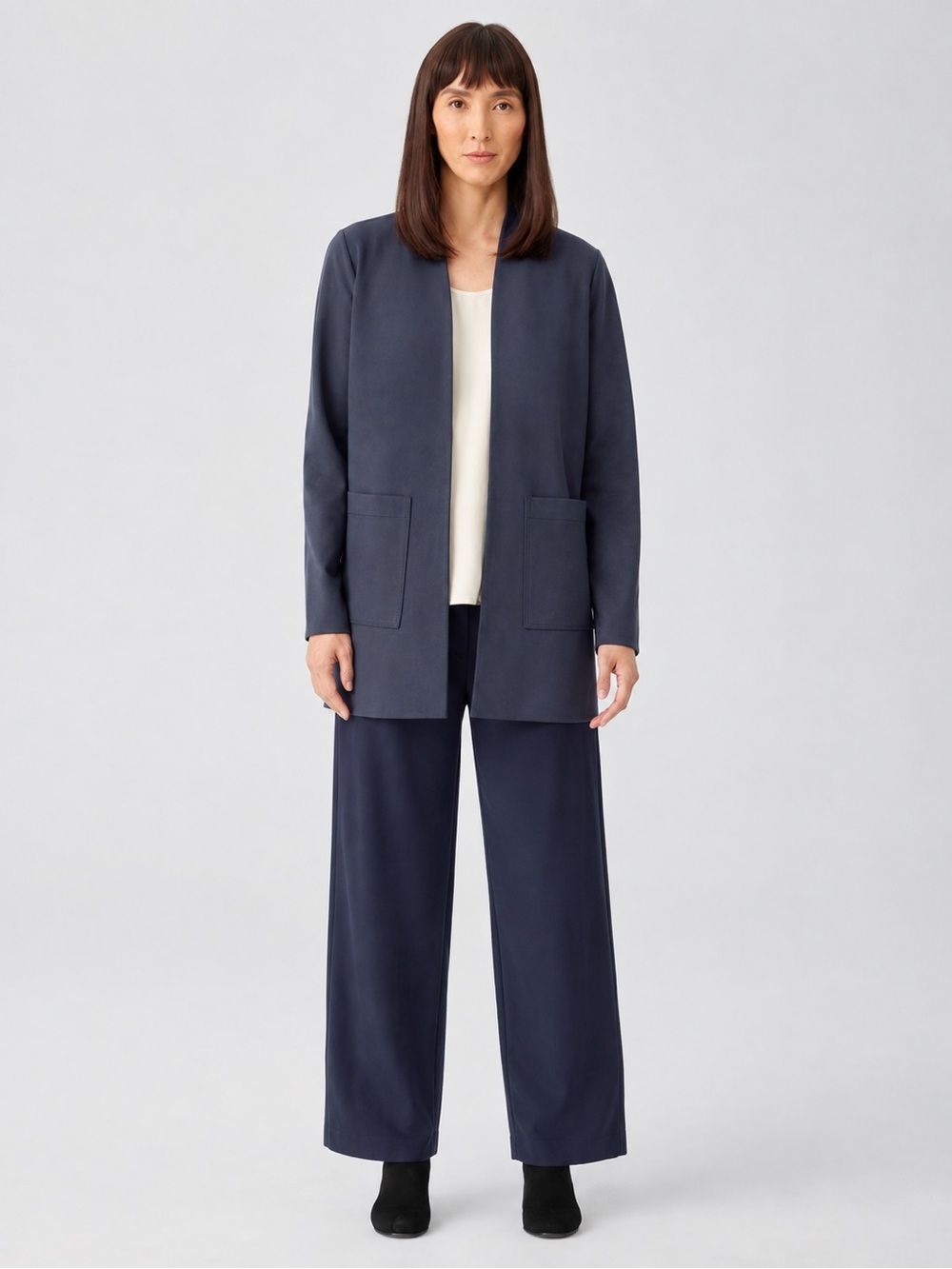 Eileen Fisher 1X Pant Suit Set Navy Open Front Longline Blazer Straight Pant Eco